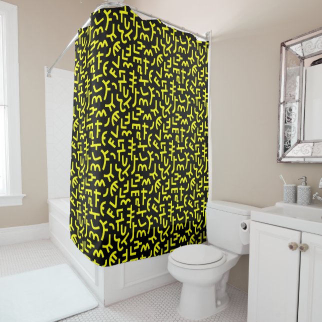 Kuba Style Pattern 121019 - Yellow on Black Shower Curtain (In Situ)