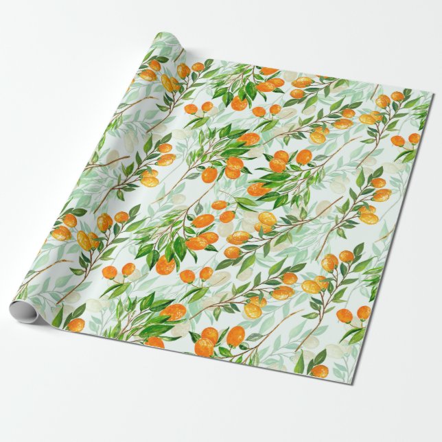 Kumquat Tropical Summer Fruit Pattern on Mint Wrapping Paper (Unrolled)