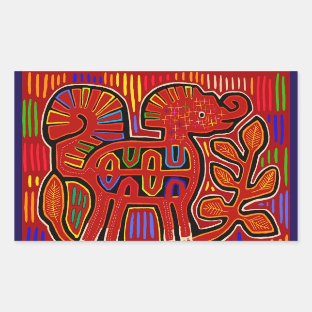 Kuna Indian Baby Elephant - Mola Folk Art Rectangular Sticker (Front)