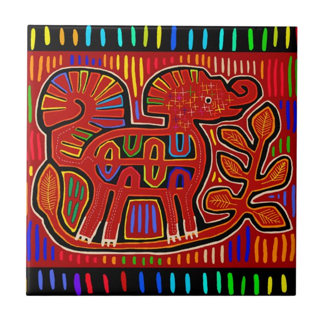 Kuna Indian Baby Elephant - Mola Folk Art Tile (Front)