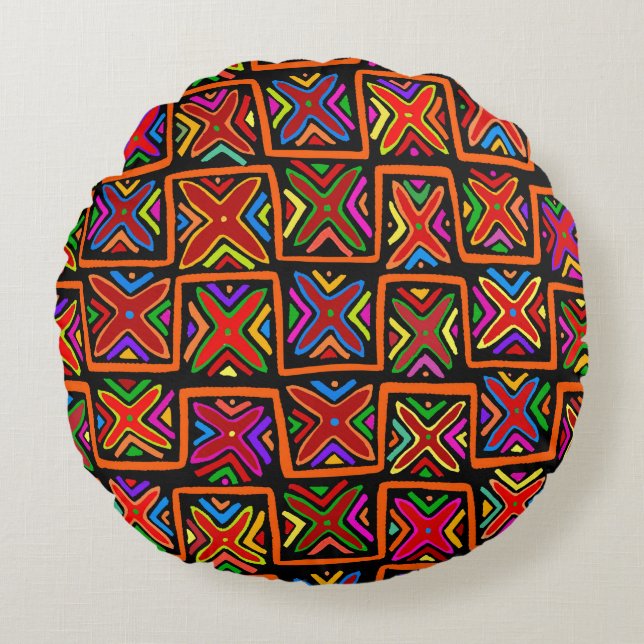 Kuna Indian Mola Tribal Checks - Red Round Cushion (Front)