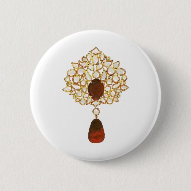 Kundan & ruby brooch 6 cm round badge (Front)