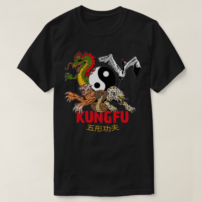 Kung Fu 5 Animals Forms Tiger Crane Leopard Snake  T-Shirt (Design Front)