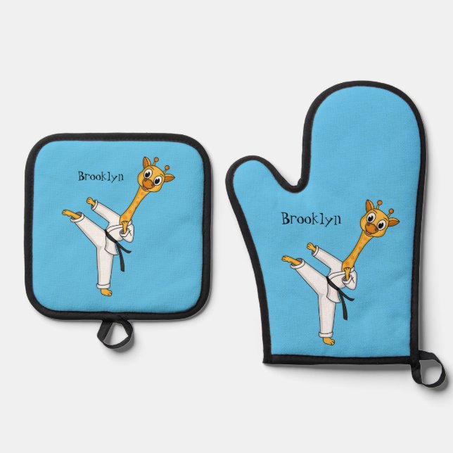 Kung Fu giraffe cartoon illustration Oven Mitt & Pot Holder Set (Front)