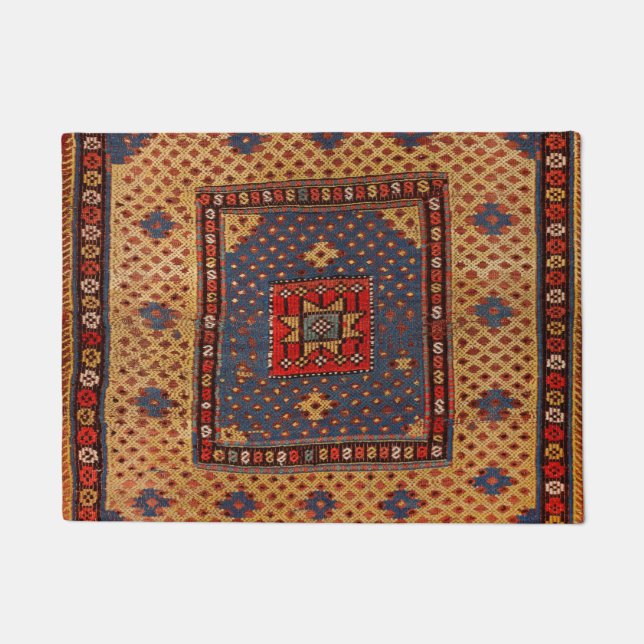 Kurdish Safreh Dark Tan Yellow Blue  Doormat (Front)
