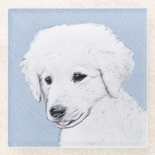 Kuvasz Painting - Cute Original Dog Art Glass Coaster