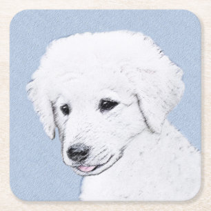 Kuvasz Painting - Cute Original Dog Art Square Paper Coaster