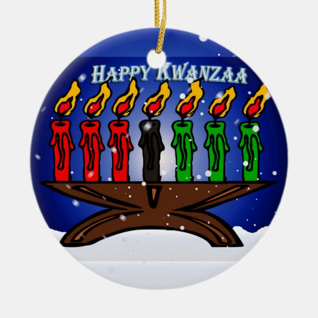 Kwanzaa Candle Kinara with Snow And Greeting Ceramic Tree Decoration (Front)