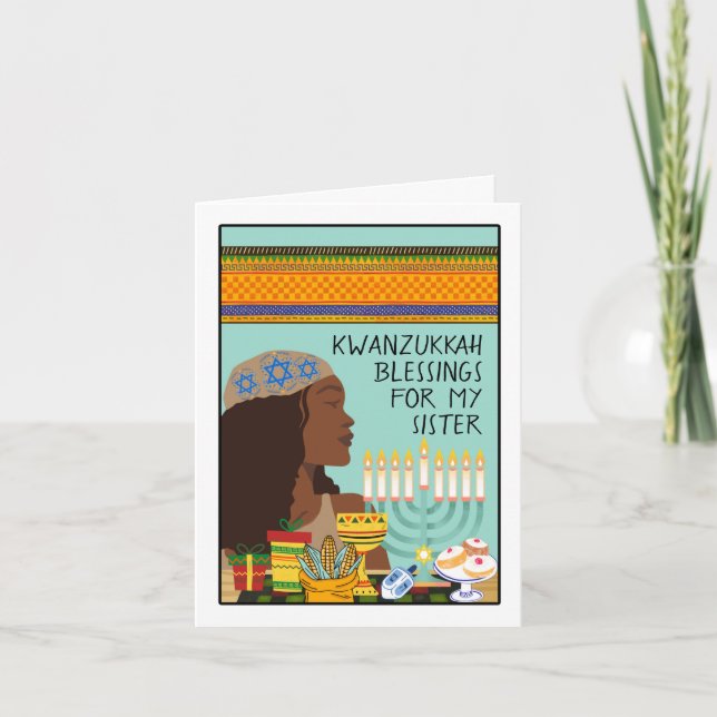 Kwanzukkah for Sister with Menorah Symbols Gifts Card (Front)
