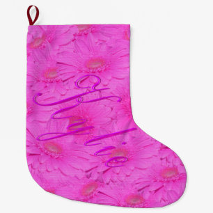 Kylie Name Logo On Pink Gerber Flowers, Large Christmas Stocking