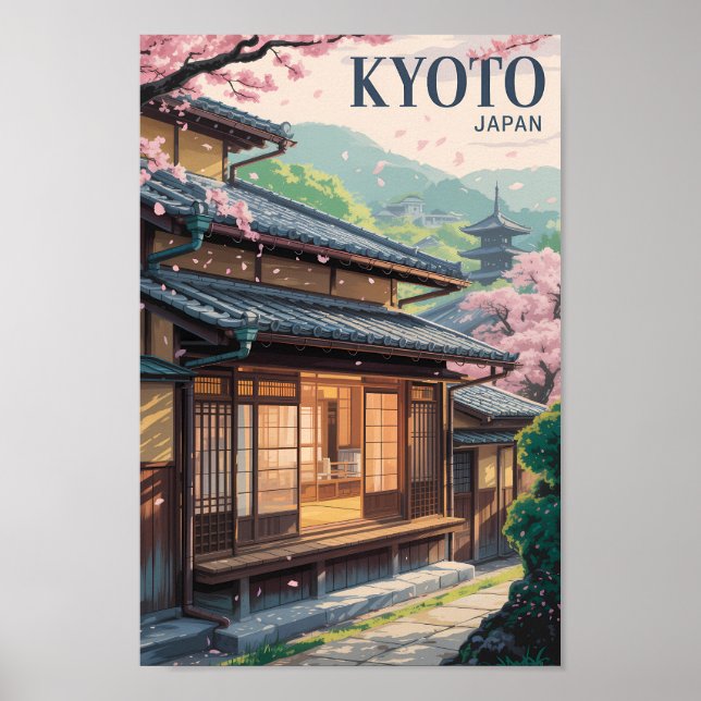 Kyoto Japan House Illustration Travel Art Vintage Poster (Front)