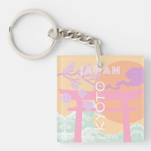 Kyoto Japan Travel Art, Orange Pastel Art  Key Ring (Front)