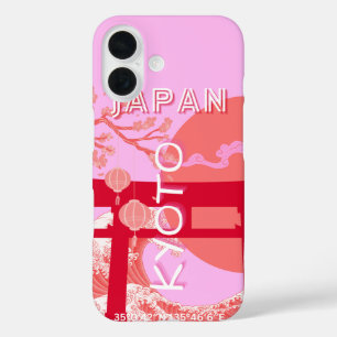 Kyoto Japan Travel Art, Pink Retro Travel Art iPhone 16 Case