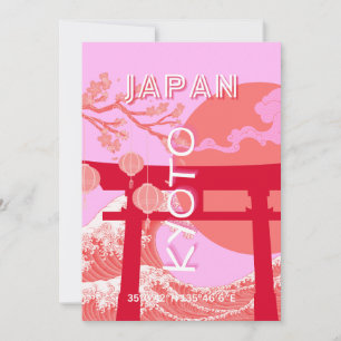 Kyoto Japan Travel Art, Pink Retro Travel Art Holiday Card