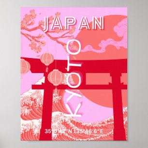 Kyoto Japan Travel Art, Pink Retro Travel Art Poster