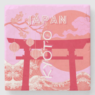 Kyoto Japan Travel Art, Pink Retro Travel Art Stone Coaster