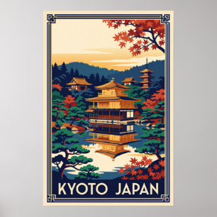 Kyoto Japan Vintage Golden Pavilion Illustration Poster