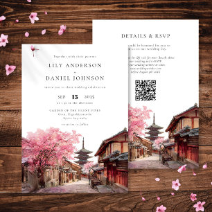 Kyoto Japan Watercolor QR Code Wedding Invitation
