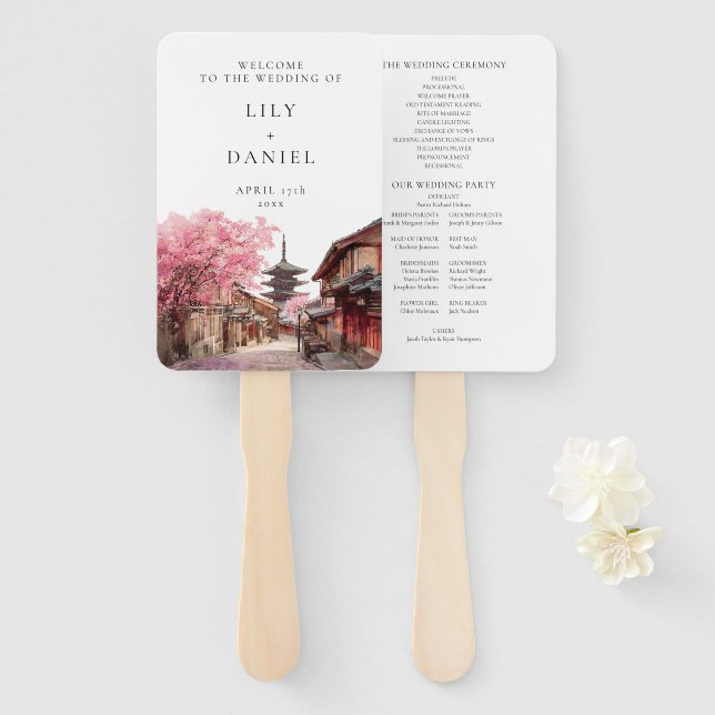 Kyoto Japan Watercolor Wedding Program Hand Fan (Front and Back)