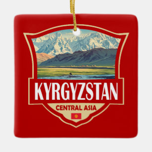 Kyrgyzstan Illustration Retro Badge Ceramic Ornament