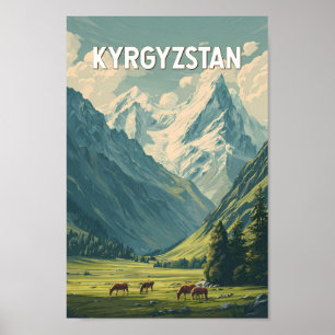 Kyrgyzstan Illustration Travel Art Vintage Poster