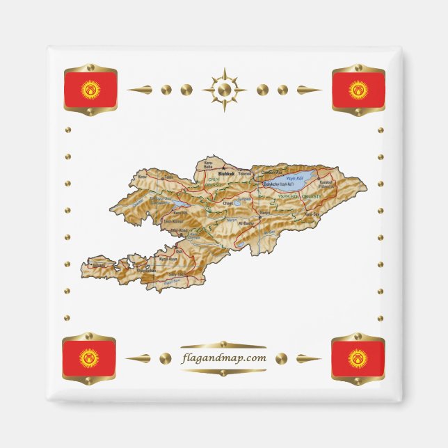 Kyrgyzstan Map + Flags Magnet (Front)