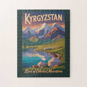 Kyrgyzstan Mountains Illustration Travel Art Vinta Jigsaw Puzzle
