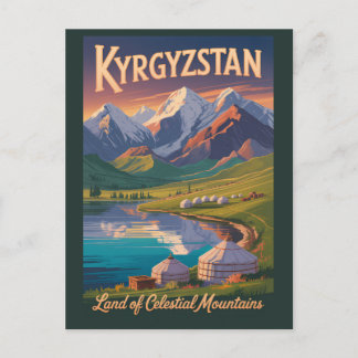 Kyrgyzstan Mountains Illustration Travel Art Vinta Postcard