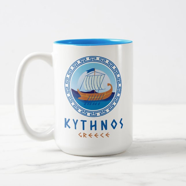 Kythnos, Greece Greek Ship Design Two-Tone Coffee Mug (Left)