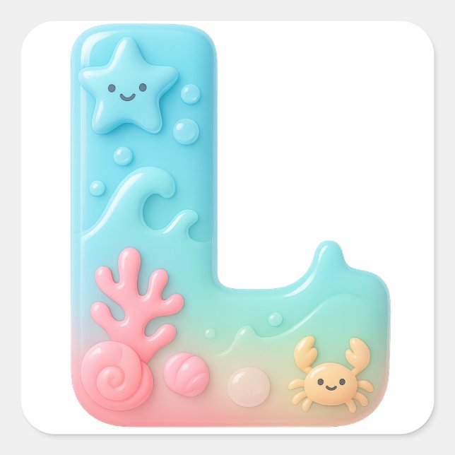 "L" Cute Letter - Underwater Sea Creature Square Sticker (Front)