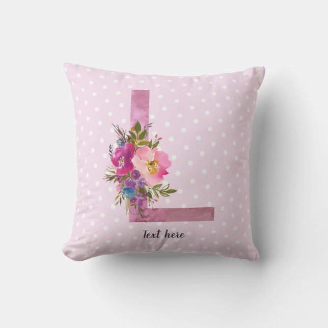 L, Floral Monogram initial , watercolor flower Cushion (Front)