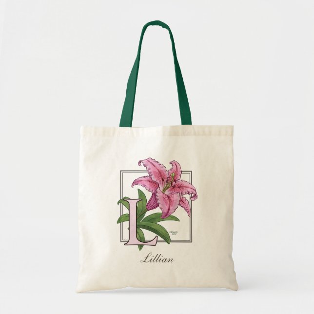 L for Lily Flower Monogram Tote Bag (Front)
