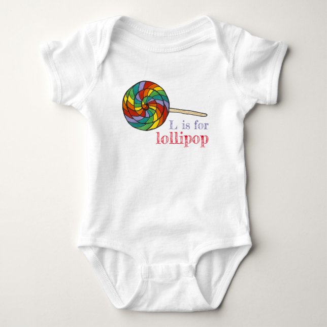 L is for Lollipop Rainbow Candy Lolly Sweet Letter Baby Bodysuit (Front)