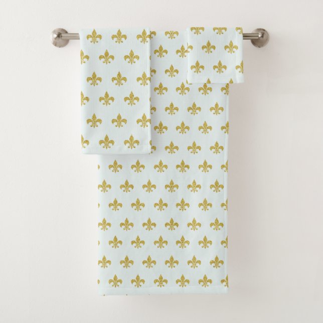 L@@K! -  Pretty Aqua Gold Fleur de Lis Pattern Bath Towel Set (Insitu)