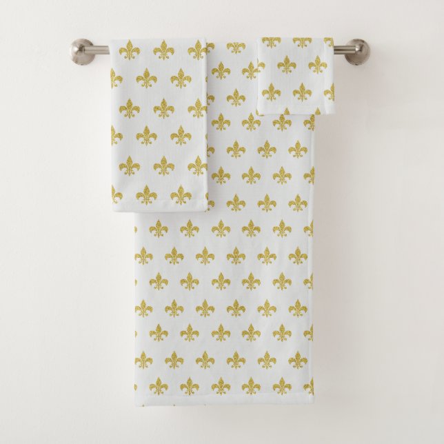 L@@K! -  Pretty Grey & Gold Fleur de Lis Pattern Bath Towel Set (Insitu)