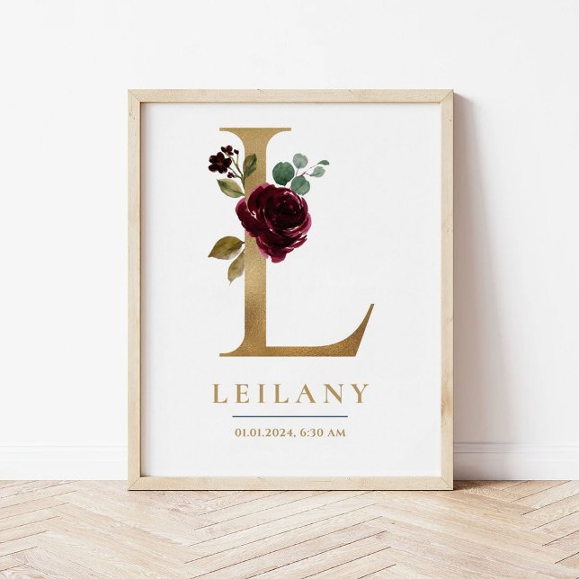 L Letter Monogram Name Marsala Floral Nursery Poster (Creator Uploaded)