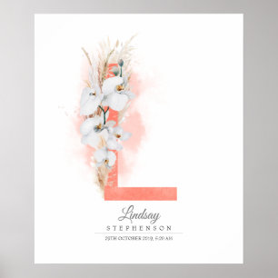 L Letter Monogram White Orchids and Pampas Grass Poster