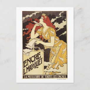 L. Marquet Ink Red-Headed Woman & Harp Postcard