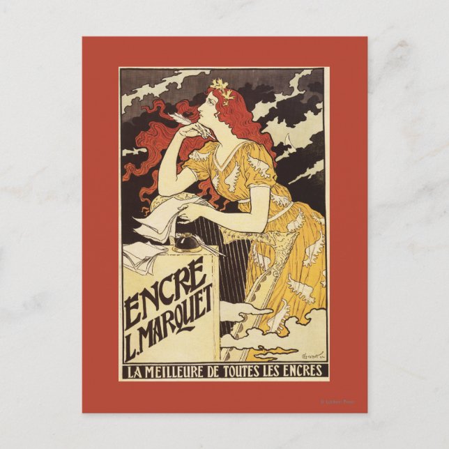 L. Marquet Ink Red-Headed Woman & Harp Postcard (Front)