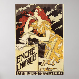 L. Marquet Ink Red-Headed Woman & Harp Poster