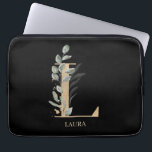 L Monogram Floral Personalised Laptop Sleeve<br><div class="desc">Letter L monogram floral. Letter L in golden brown texture accented with green watercolor compound leaves,  flower blossoms and gold dust. Personalised with name in matching font.</div>