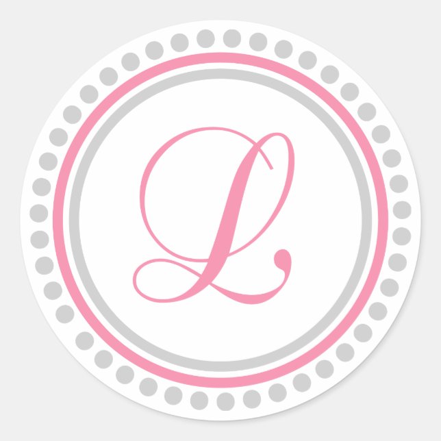 L Monogram (Pink / Silver Dot Circle) Classic Round Sticker (Front)