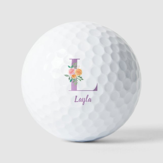 L Monogram Purple Floral Watercolor Personalised Golf Balls (Front)