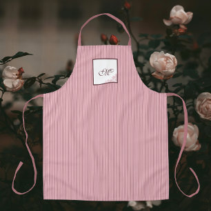 L Pink Stripe Rose Pattern Initial Script Monogram Apron