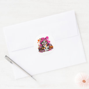L&S Sugar Skull Calico Cat Halloween Classic Round Sticker