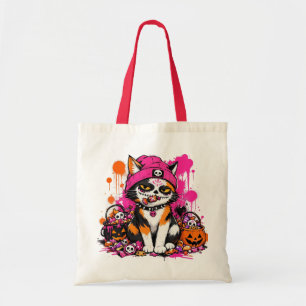 L&S Sugar Skull Calico Cat Halloween Tote Bag