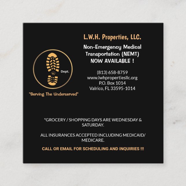 L.W.H. Properties, LLC calling card (Front)