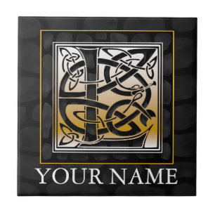 L "Your Name" Celtic Black Stone Monogram Tile