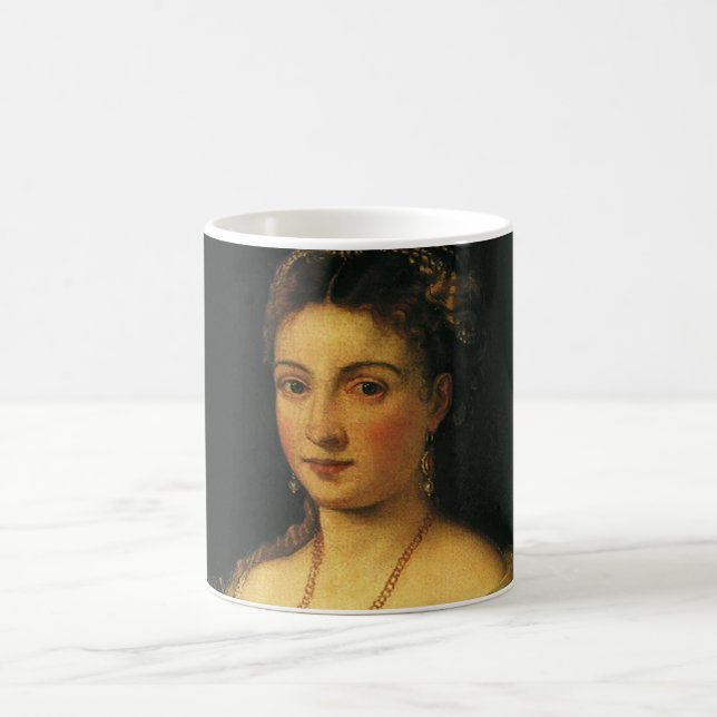 La Bella, Duchess of Urbino by Titian Coffee Mug (Center)
