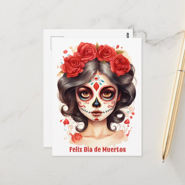 La Calavera Catarina💀 en Flores Rojas 🌹 Postcard (Front/Back In Situ)